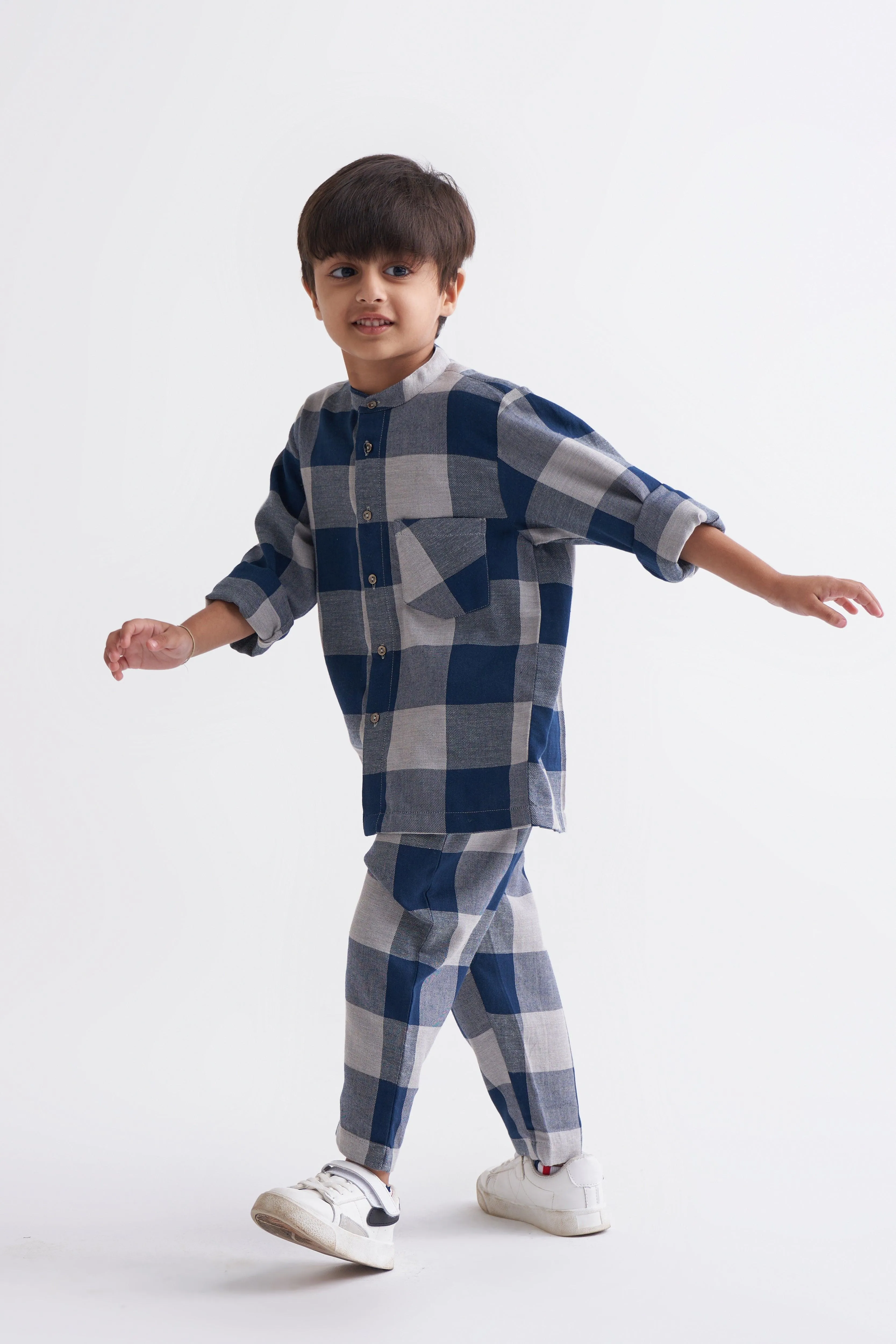 Band Collar Shirt - Navy Check