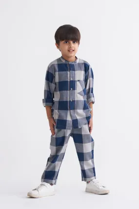Band Collar Shirt - Navy Check