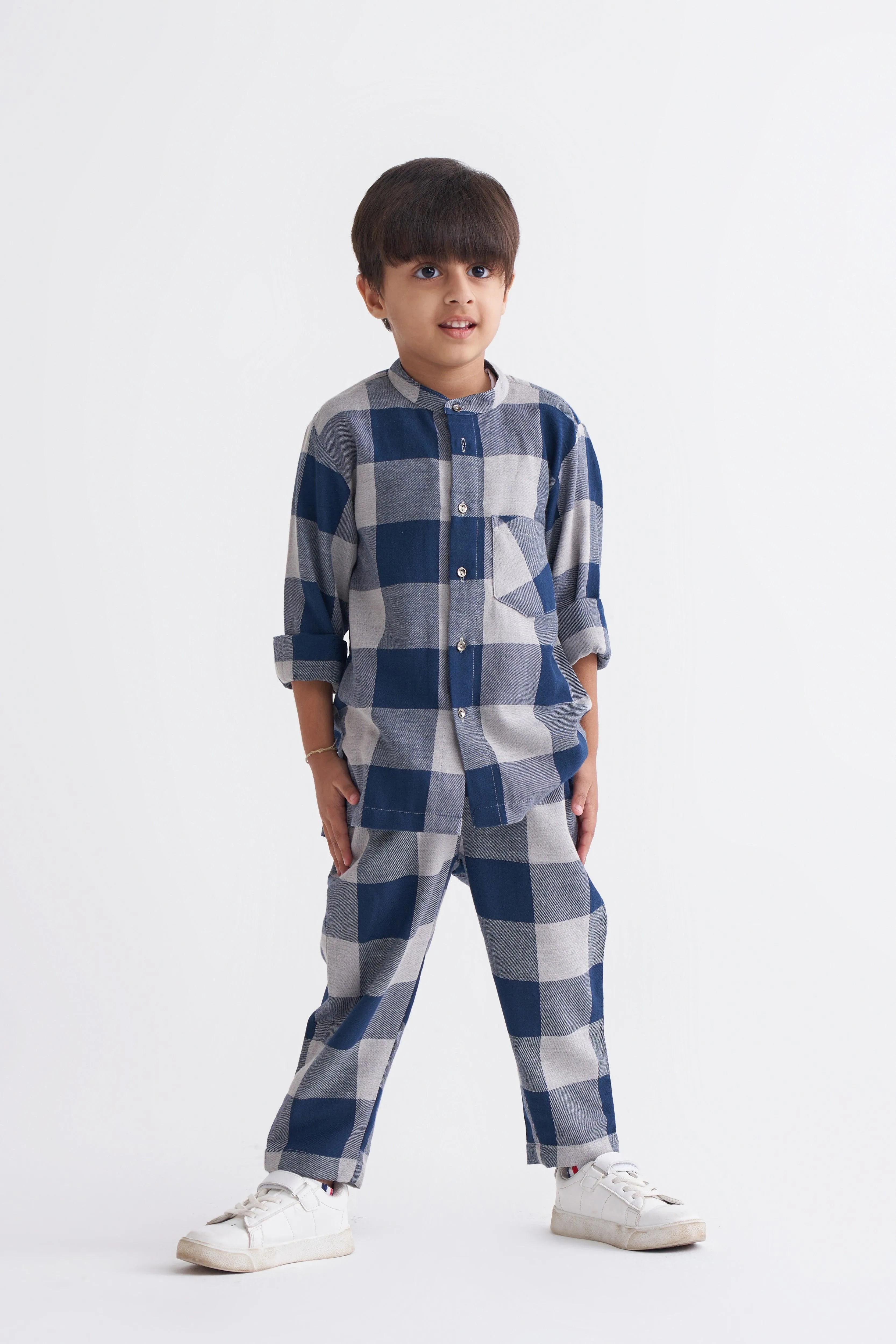 Band Collar Shirt - Navy Check