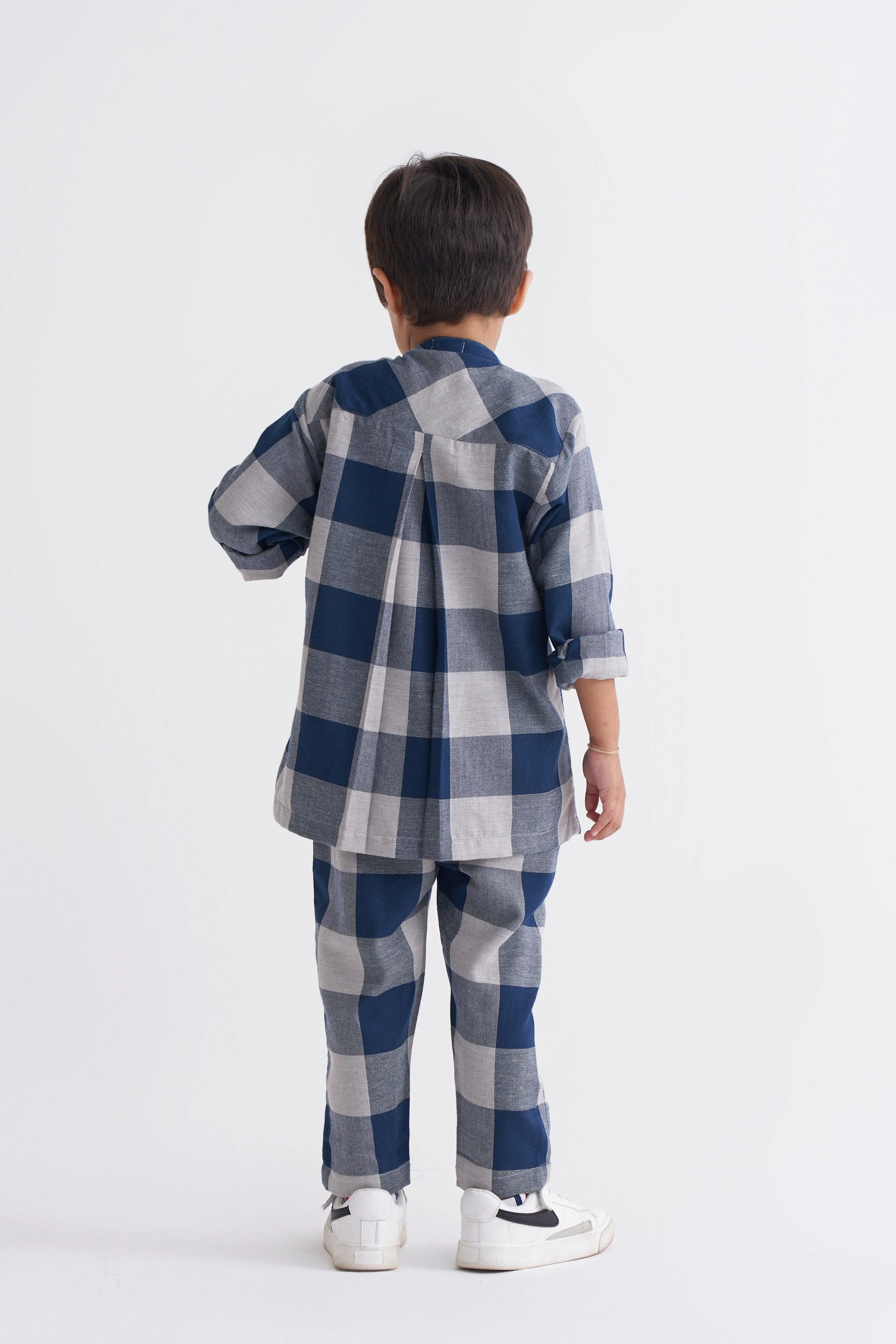 Band Collar Shirt - Navy Check