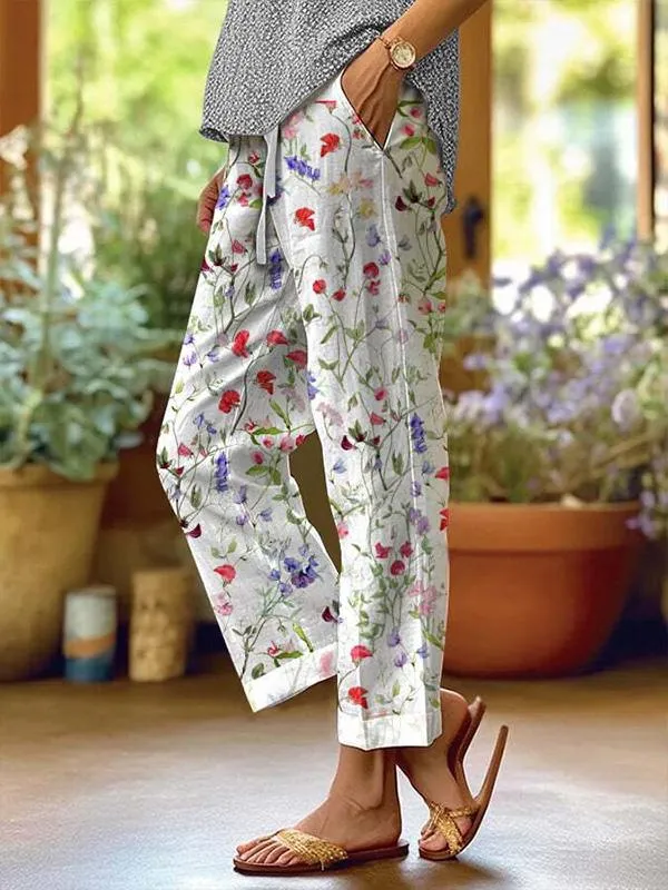 Cotton and Linen All-match Printed Casual Pants