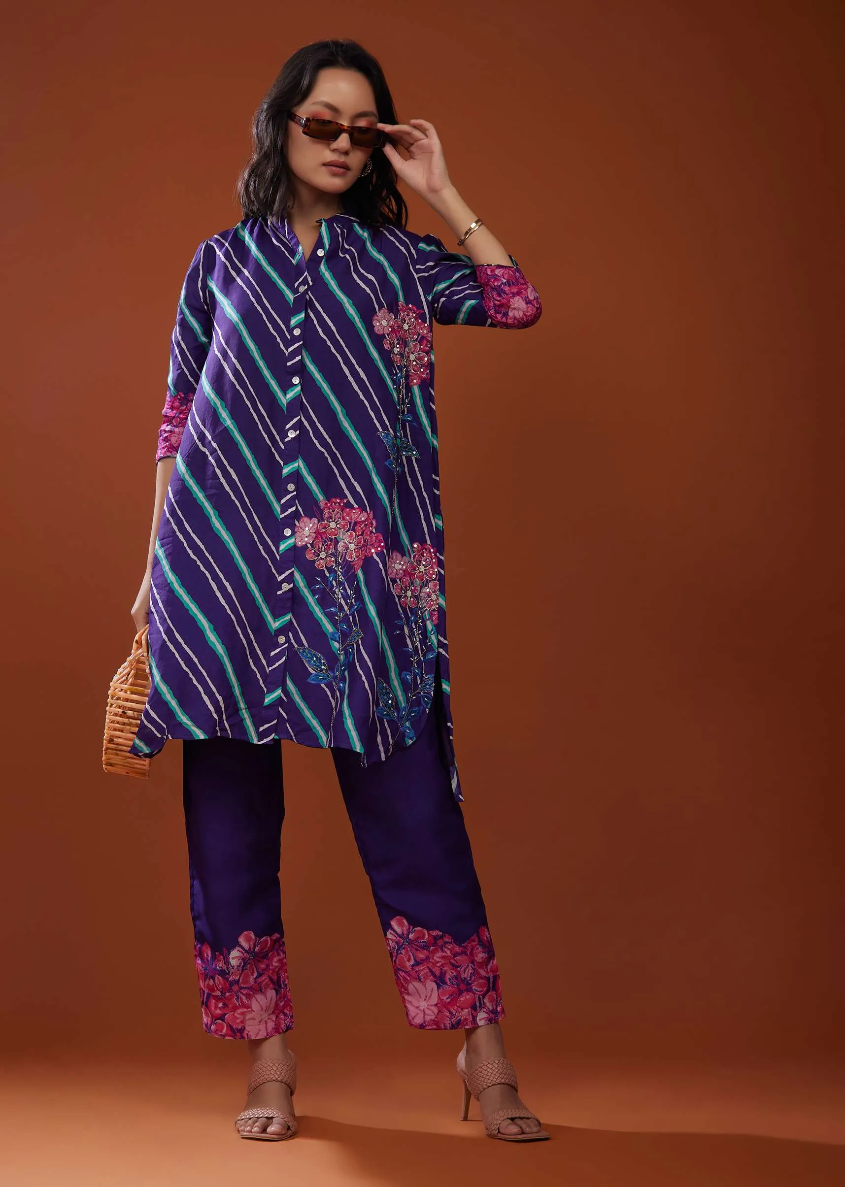 Dark Purple Printed Silk Co-ord Set