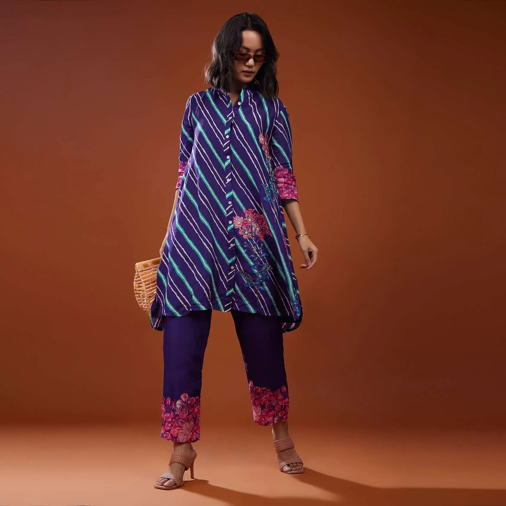 Dark Purple Printed Silk Co-ord Set