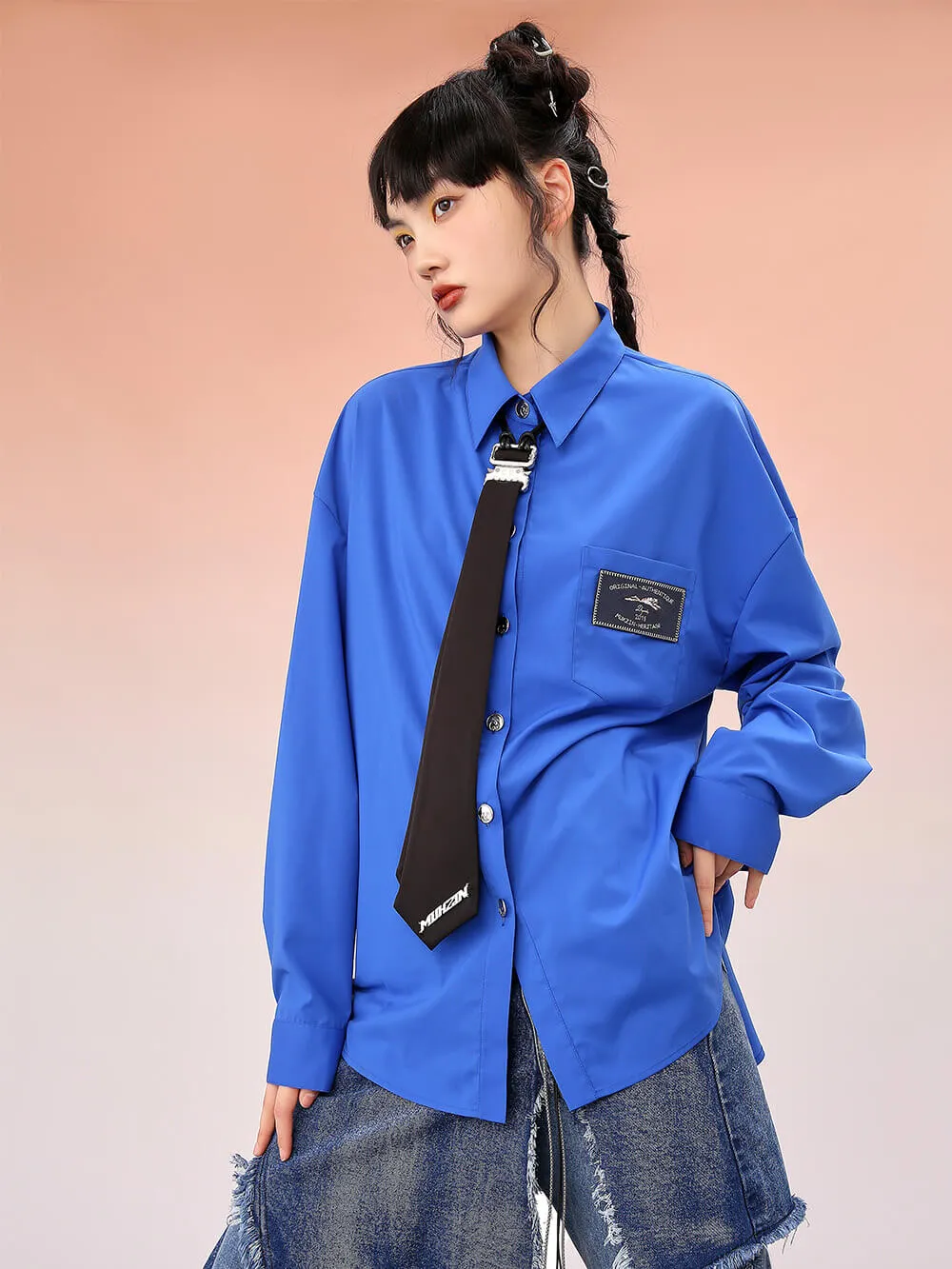 MUKZIN Blue Loose Shirts With Black Necktie