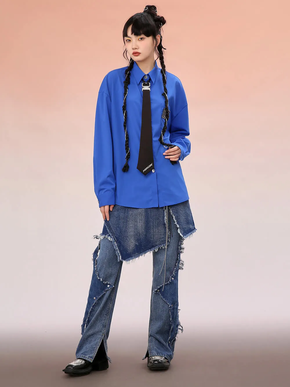 MUKZIN Blue Loose Shirts With Black Necktie