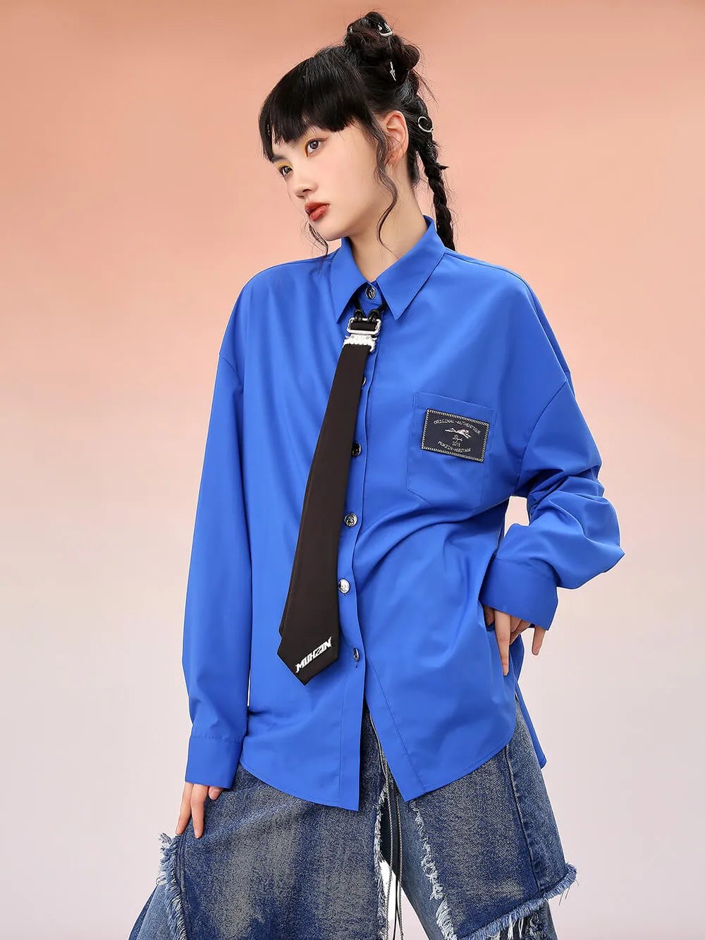 MUKZIN Blue Loose Shirts With Black Necktie