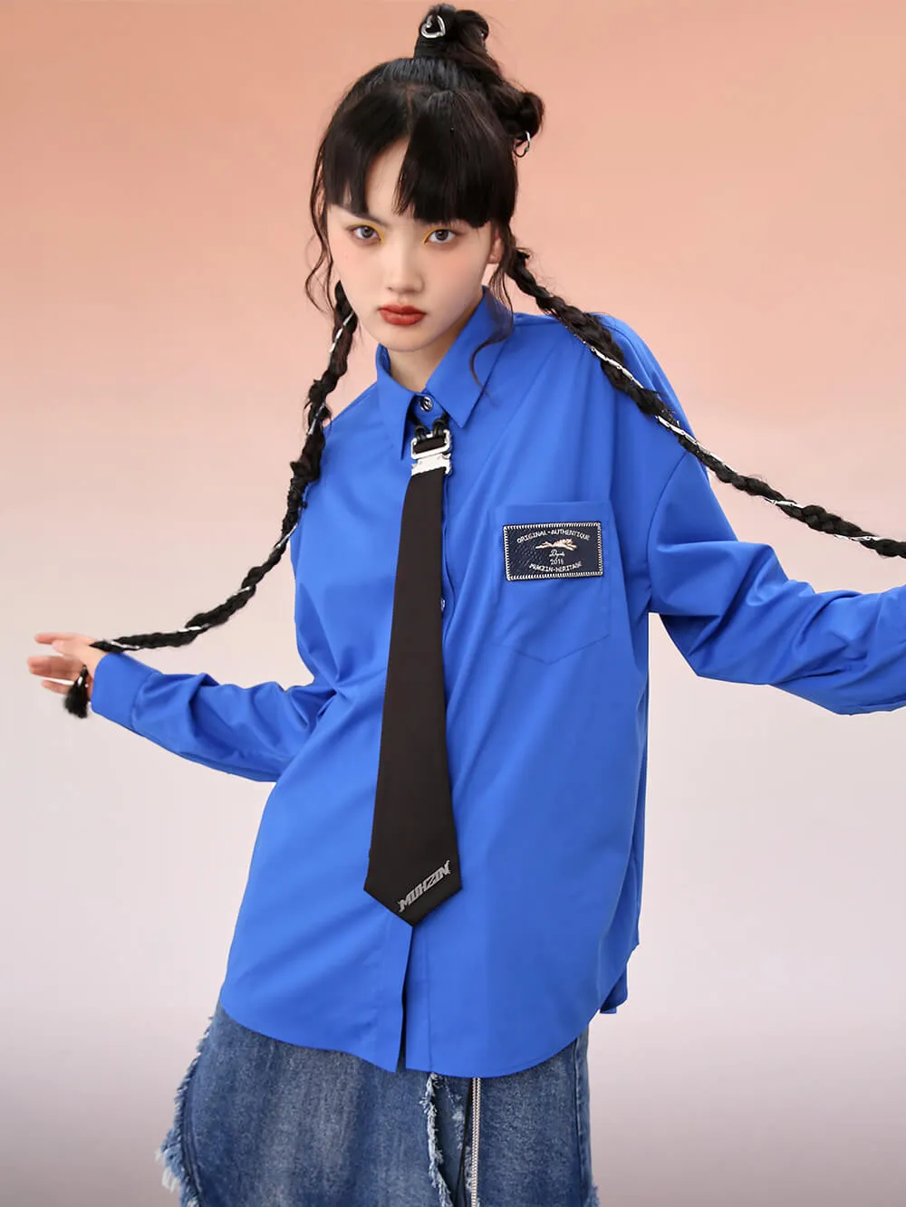 MUKZIN Blue Loose Shirts With Black Necktie