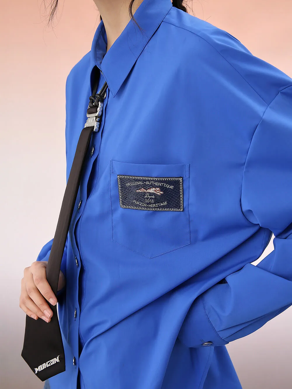 MUKZIN Blue Loose Shirts With Black Necktie