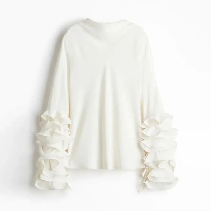 UAKISS  -  Fashion 3d Ruffled Long Sleeve Shirt For Women 2025 New In Elegant O-neck Loose Shirts Female High Street Ol Chic Pullover Tops