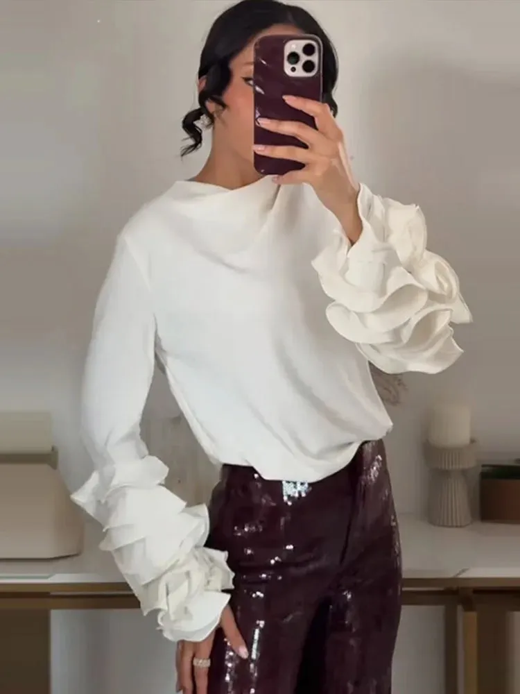 UAKISS  -  Fashion 3d Ruffled Long Sleeve Shirt For Women 2025 New In Elegant O-neck Loose Shirts Female High Street Ol Chic Pullover Tops
