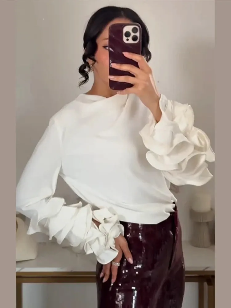 UAKISS  -  Fashion 3d Ruffled Long Sleeve Shirt For Women 2025 New In Elegant O-neck Loose Shirts Female High Street Ol Chic Pullover Tops