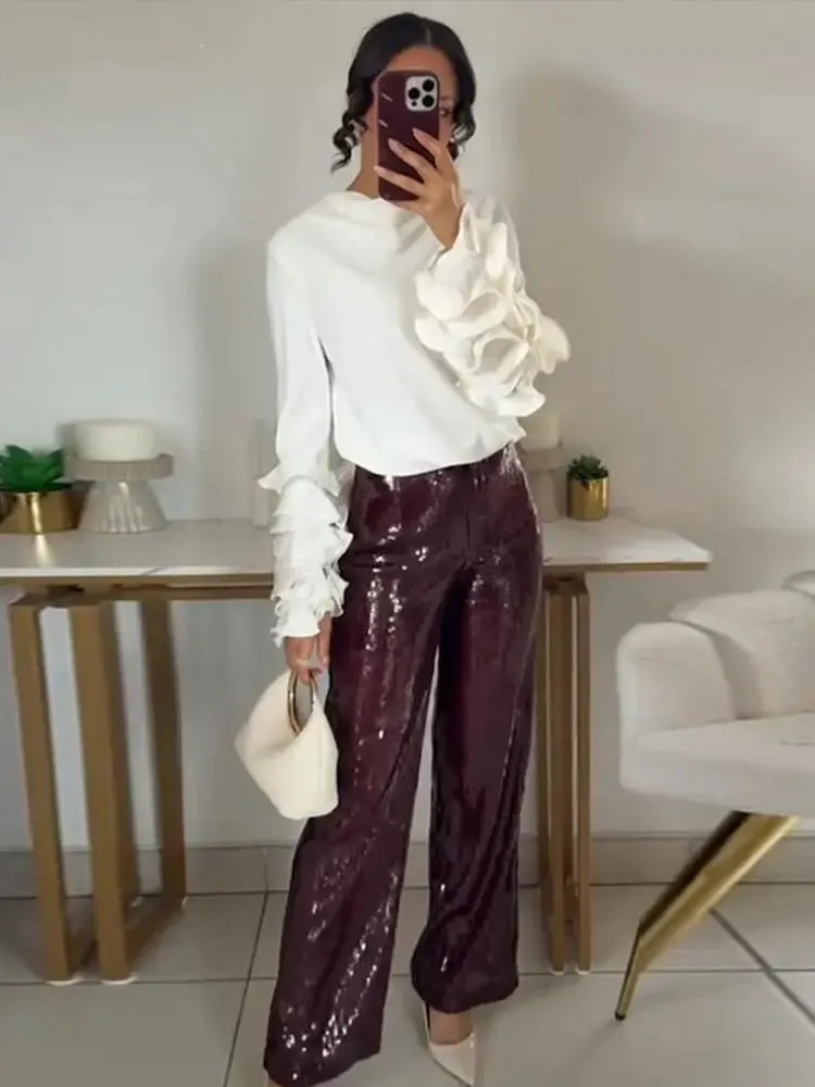 UAKISS  -  Fashion 3d Ruffled Long Sleeve Shirt For Women 2025 New In Elegant O-neck Loose Shirts Female High Street Ol Chic Pullover Tops