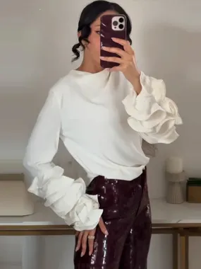 UAKISS  -  Fashion 3d Ruffled Long Sleeve Shirt For Women 2025 New In Elegant O-neck Loose Shirts Female High Street Ol Chic Pullover Tops