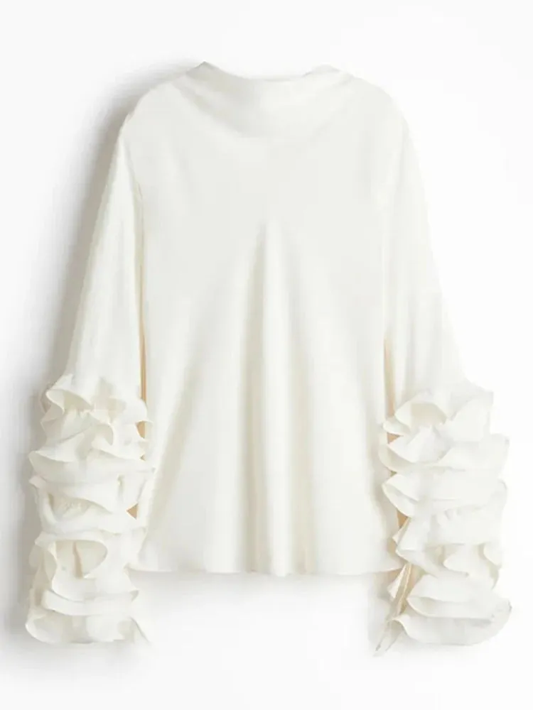 UAKISS  -  Fashion 3d Ruffled Long Sleeve Shirt For Women 2025 New In Elegant O-neck Loose Shirts Female High Street Ol Chic Pullover Tops
