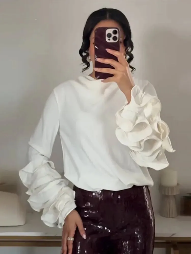 UAKISS  -  Fashion 3d Ruffled Long Sleeve Shirt For Women 2025 New In Elegant O-neck Loose Shirts Female High Street Ol Chic Pullover Tops
