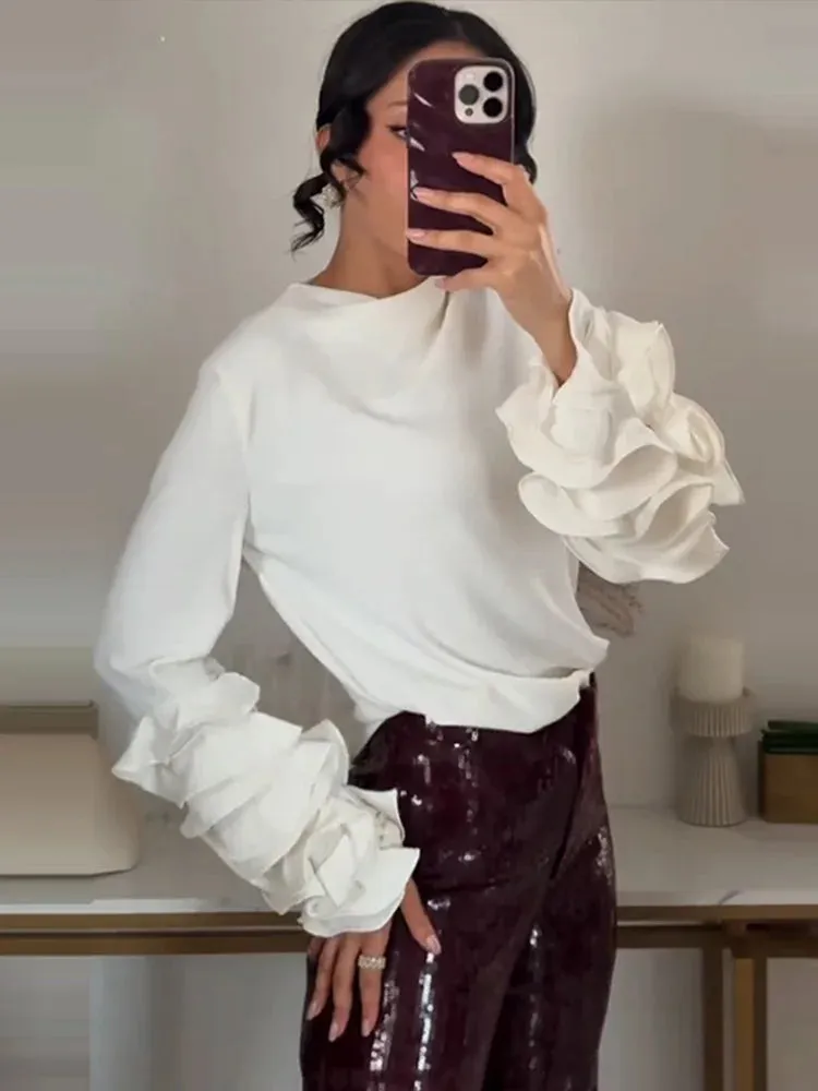 UAKISS  -  Fashion 3d Ruffled Long Sleeve Shirt For Women 2025 New In Elegant O-neck Loose Shirts Female High Street Ol Chic Pullover Tops