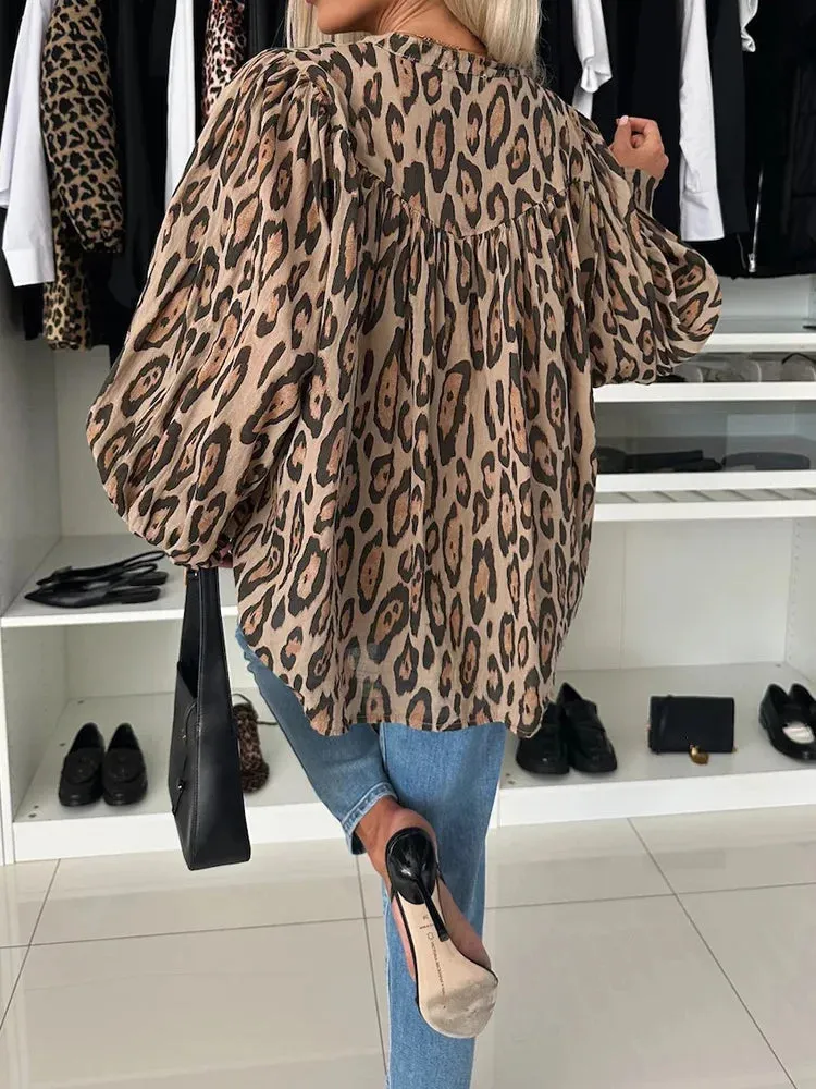 UAKISS  -  Leopard Patchwork Simple Tops, Women Autumn Winter Long Sleeve Elegant Blouses, 2024 Loose O Neck Cardigan Fashion Ladies Shirts