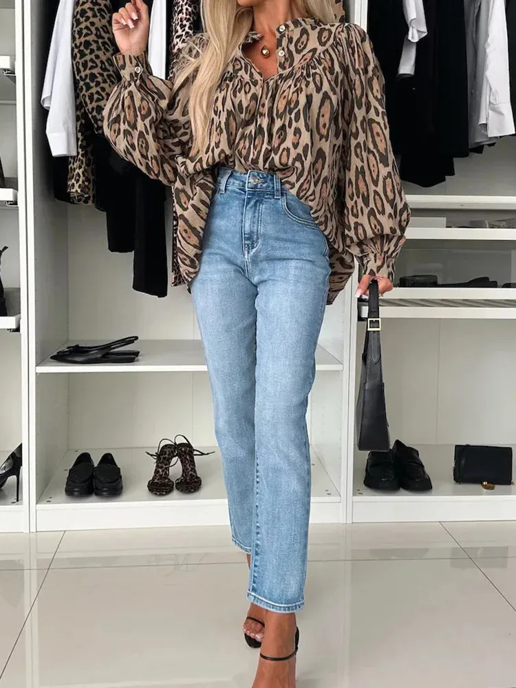 UAKISS  -  Leopard Patchwork Simple Tops, Women Autumn Winter Long Sleeve Elegant Blouses, 2024 Loose O Neck Cardigan Fashion Ladies Shirts