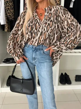 UAKISS  -  Leopard Patchwork Simple Tops, Women Autumn Winter Long Sleeve Elegant Blouses, 2024 Loose O Neck Cardigan Fashion Ladies Shirts