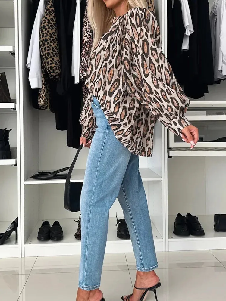 UAKISS  -  Leopard Patchwork Simple Tops, Women Autumn Winter Long Sleeve Elegant Blouses, 2024 Loose O Neck Cardigan Fashion Ladies Shirts