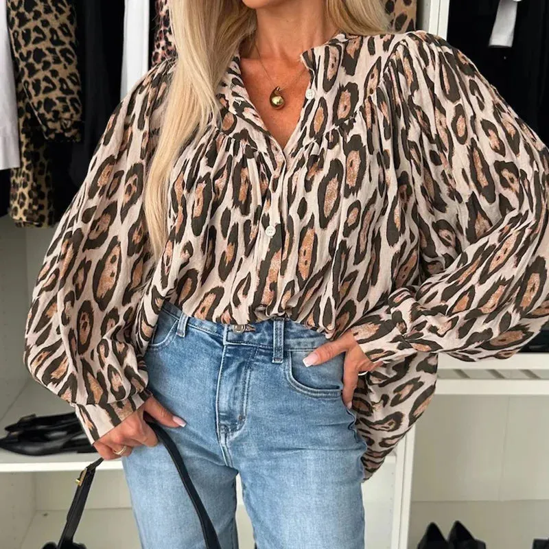 UAKISS  -  Leopard Patchwork Simple Tops, Women Autumn Winter Long Sleeve Elegant Blouses, 2024 Loose O Neck Cardigan Fashion Ladies Shirts